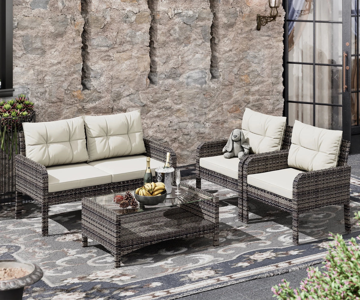 4-Piece Rattan Wicker Patio Furniture Set with Cushions V11229