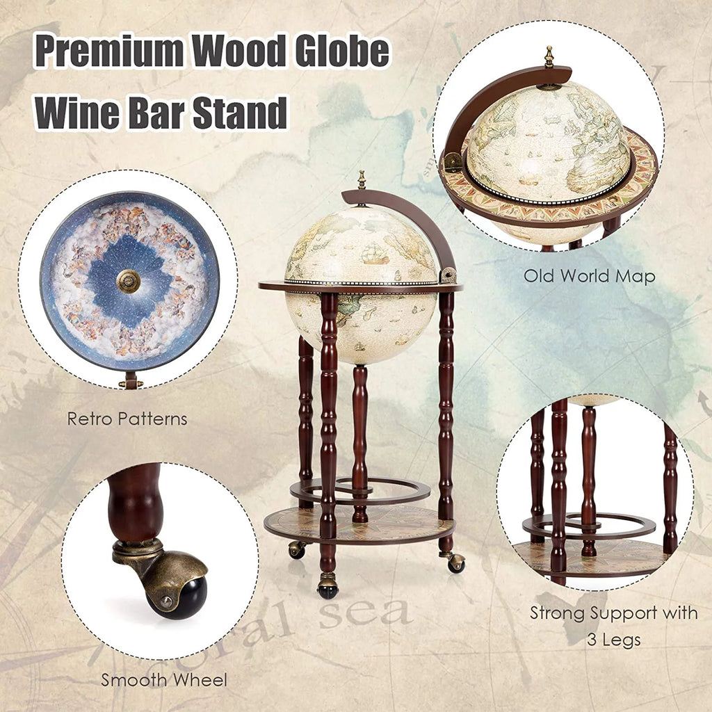 17.5” Creamy White Wood Globe Bar Cart with Wheels J7488