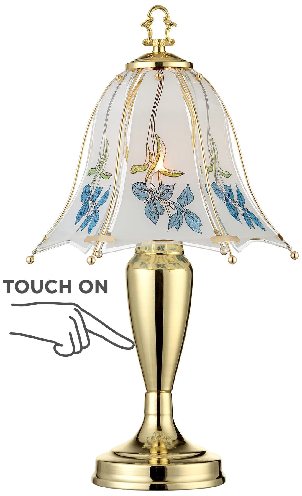 18" High Brass Accent Table Lamp Blue Floral Glass Shade V195