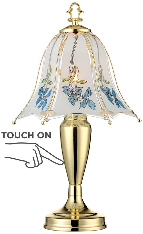 18" High Brass Accent Table Lamp Blue Floral Glass Shade V195