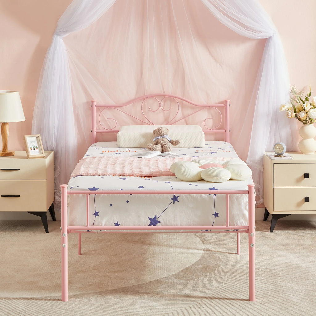 Set of 2 Twin Size White Metal Platform Bed Frame with Headboard G8872