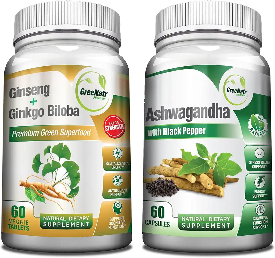 Organic Ashwagandha Capsules with Black Pepper and Ginseng Ginkgo Biloba Tablets Z1238