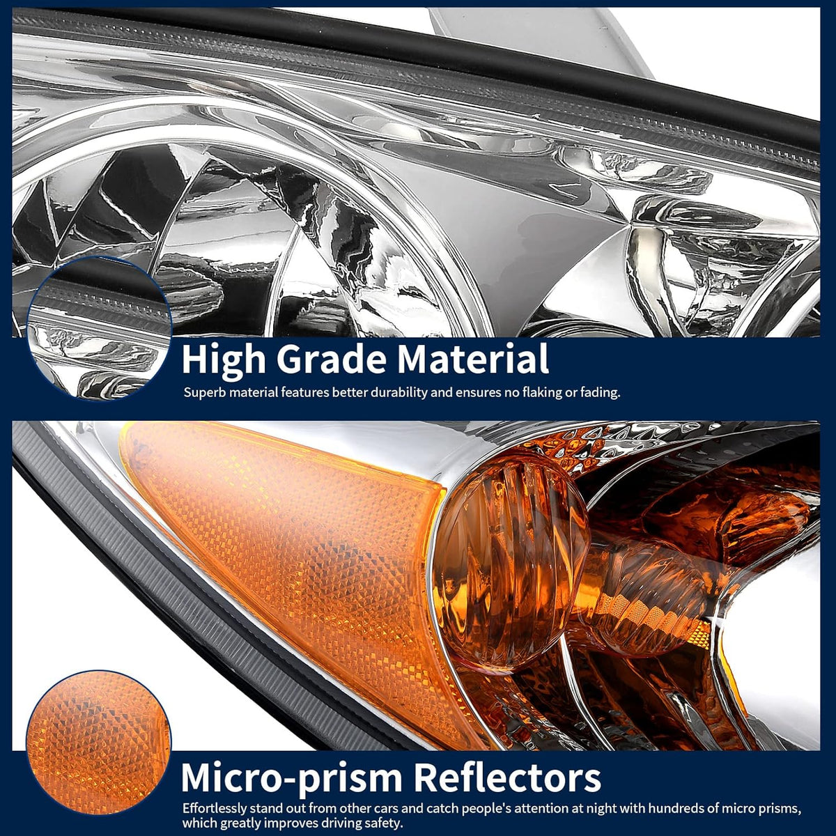 Headlight Assembly for CAMRY 2002 2003 2004 Chrome Housing Amber Reflector Clear Lens U651