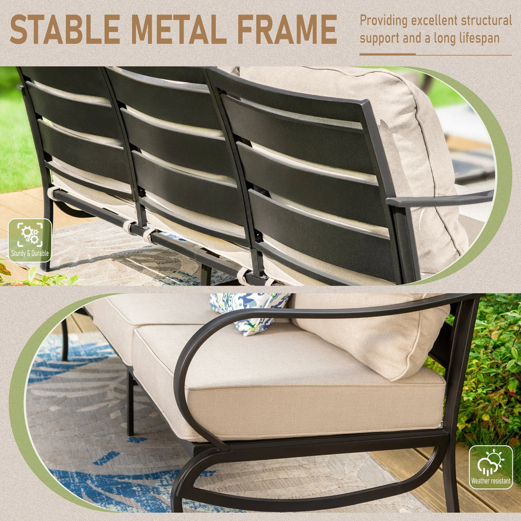 4 Pieces Patio Conversation Set with Fire Pit Table Steel Sectional Sofa Beige Cushions M5596