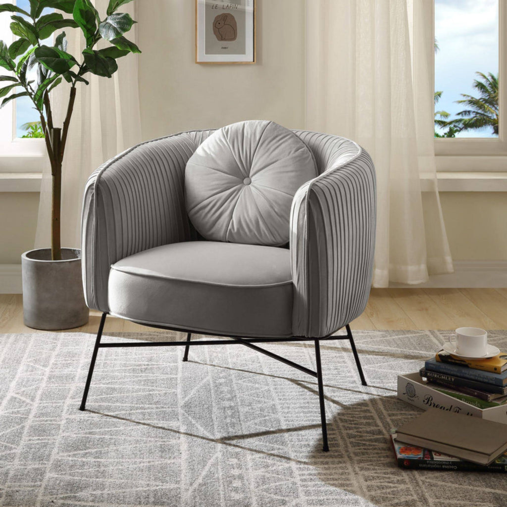 Gray Velvet Barrel Accent Chair with Metal Base B37404