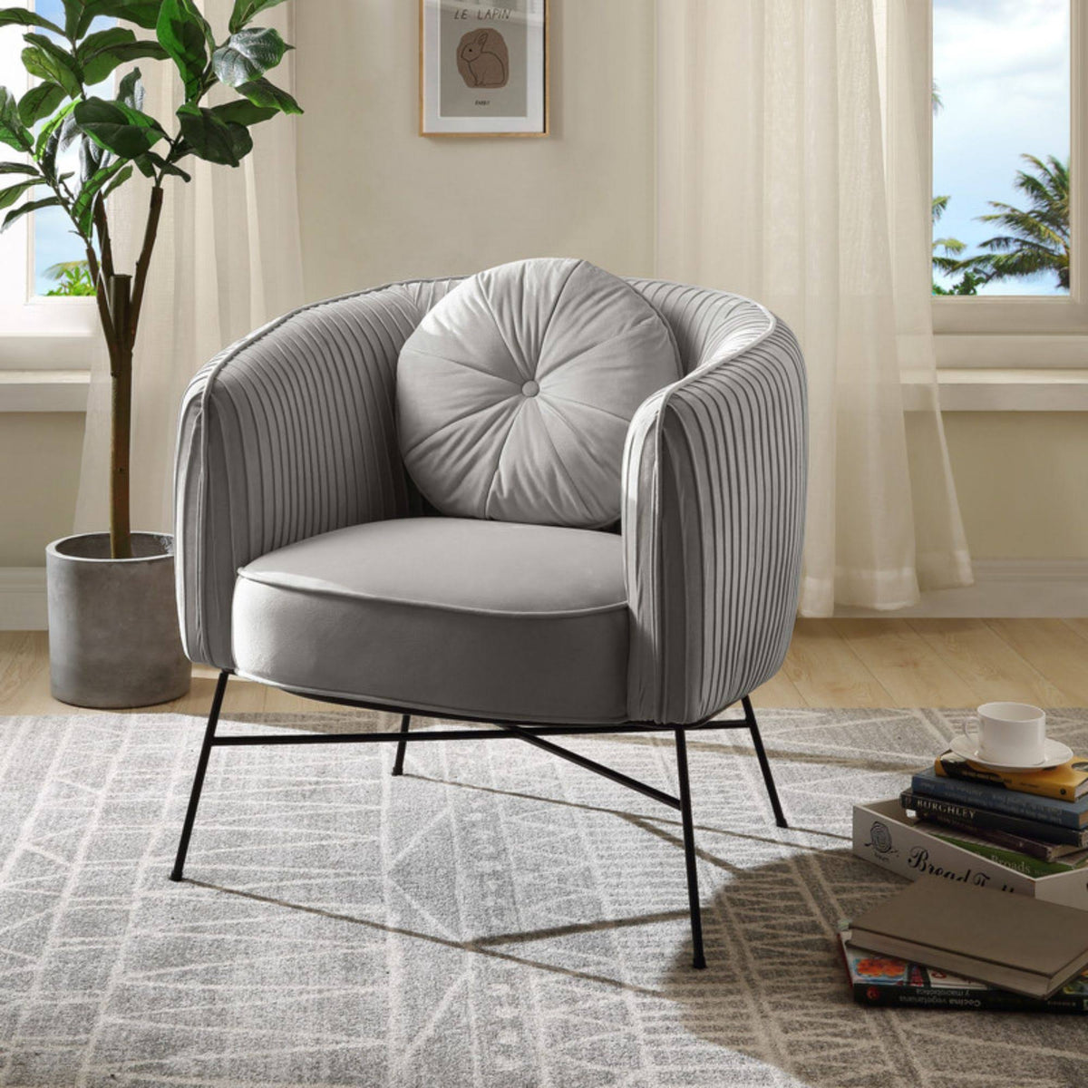 Gray Velvet Barrel Accent Chair with Metal Base B37404