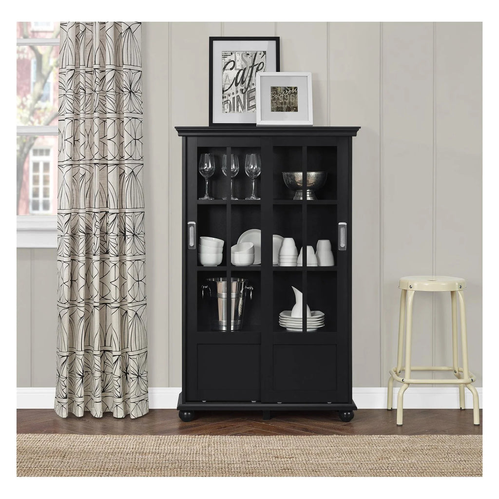 Black Bookcase with Sliding Glass Doors H1463