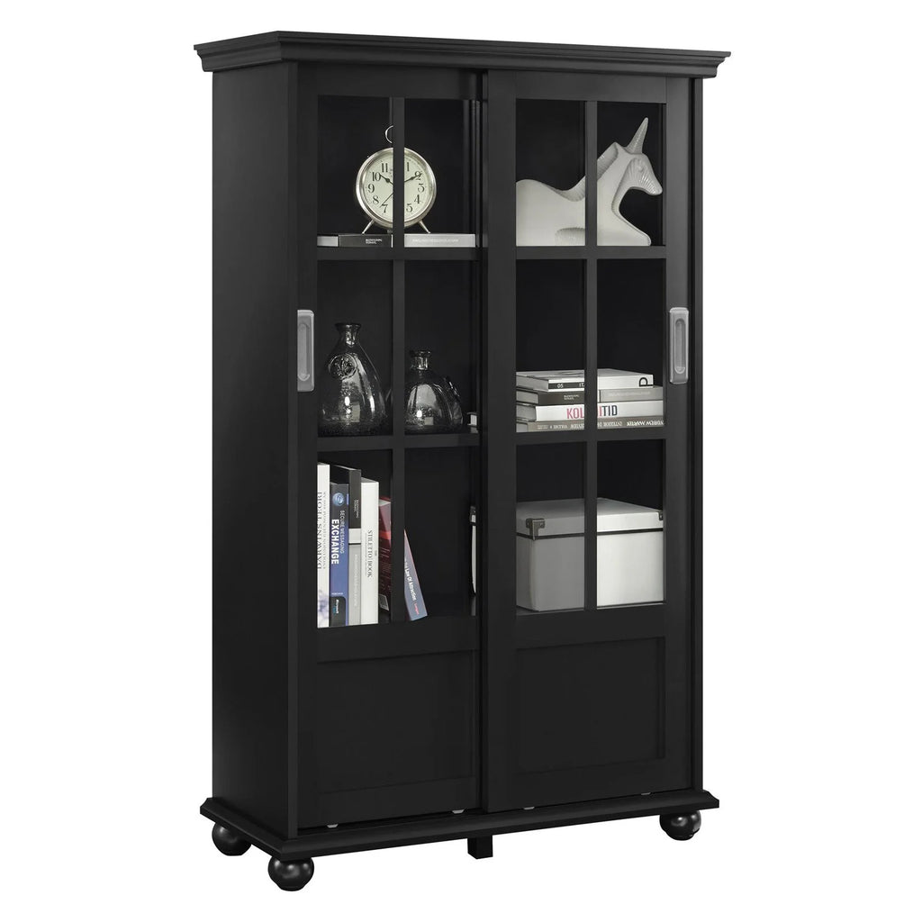 Black Bookcase with Sliding Glass Doors H1463