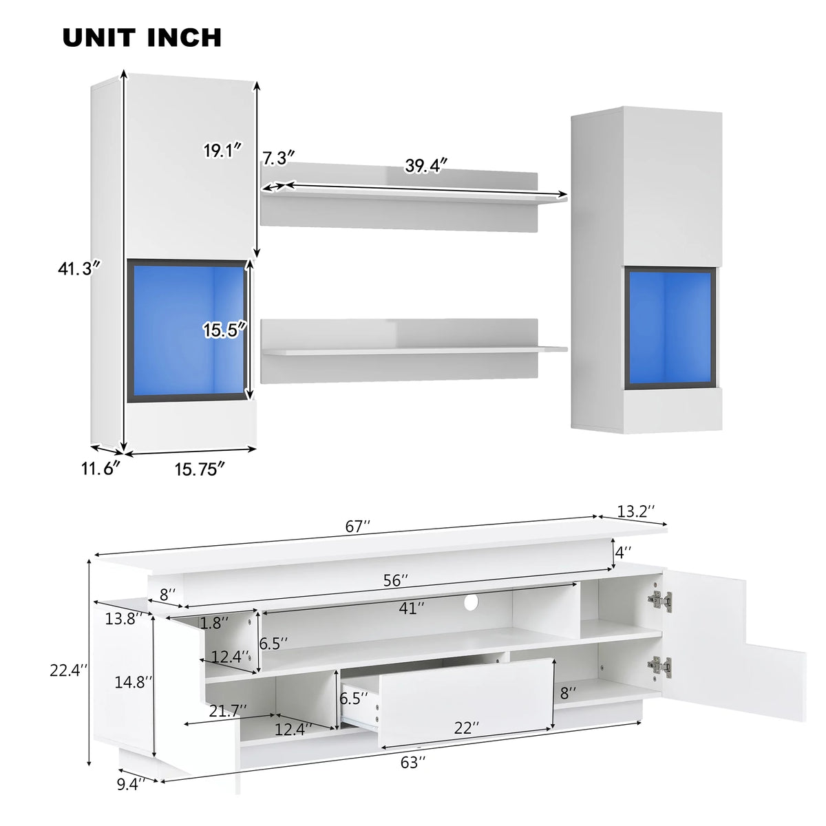 White High Gloss Wall Mounted TV Stand with LED Light Strips D351783