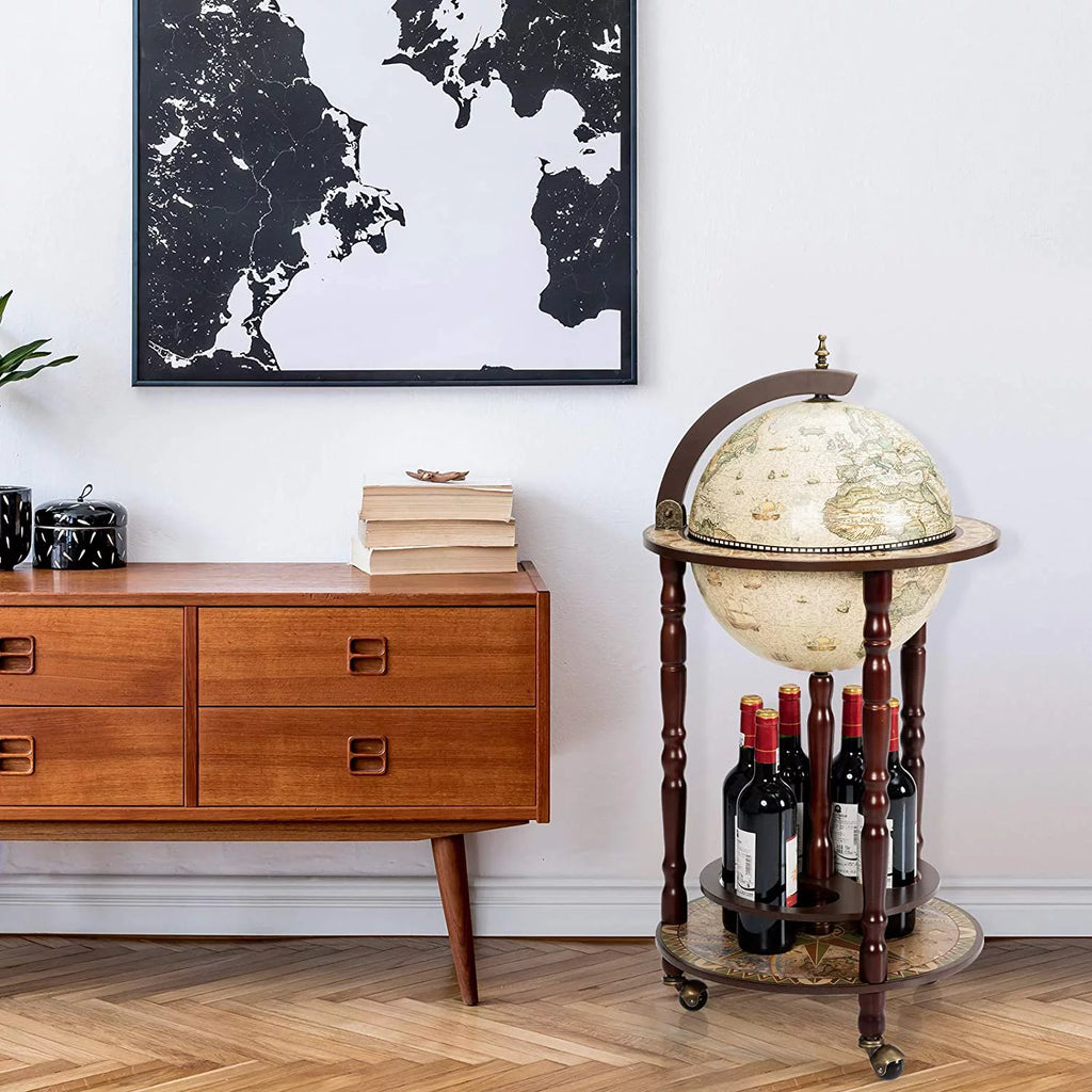 17.5” Creamy White Wood Globe Bar Cart with Wheels J7488