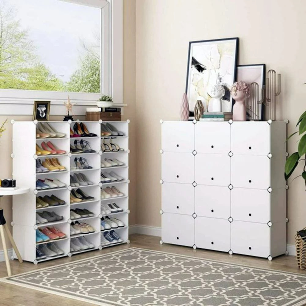 12 Cubes Stackable Shoe Storage Cabinet 8 Tiers White I15529