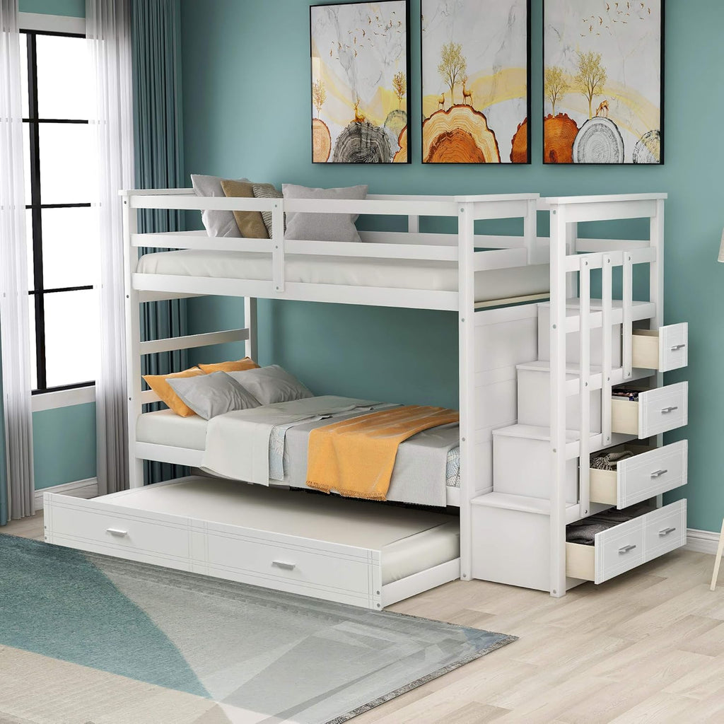 Grey Solid Wood Twin Over Twin Bunk Bed with Trundle and 4 Storage Drawers U151