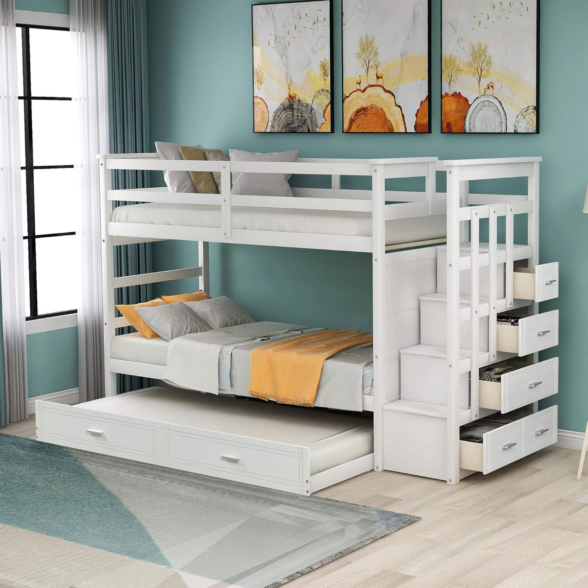 Grey Solid Wood Twin Over Twin Bunk Bed with Trundle and 4 Storage Drawers U151