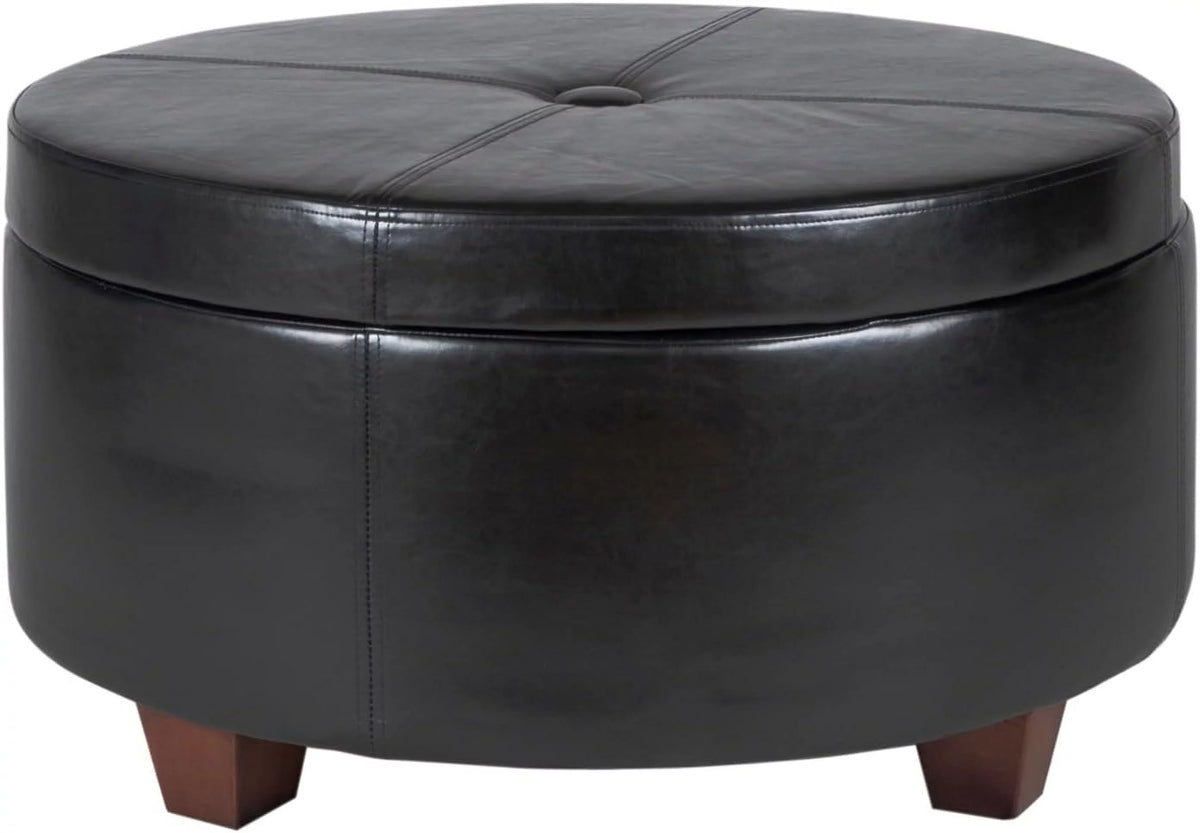 Black and Brown Tufted Round Ottoman with Wooden Feet R4516
