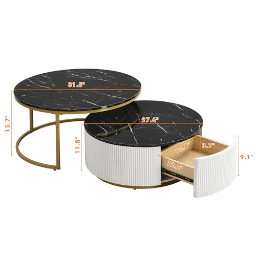 Round Nesting Coffee Table Set of 2 with Storage Drawer White I8333