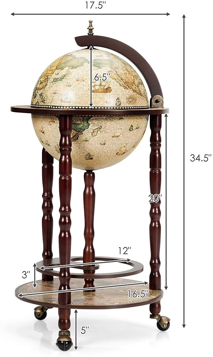 17.5” Creamy White Wood Globe Bar Cart with Wheels J7488