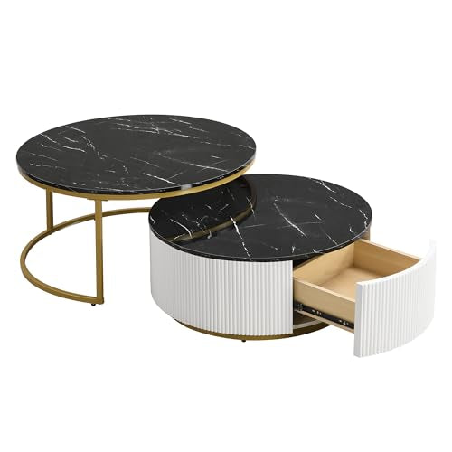 Round Nesting Coffee Table Set of 2 with Storage Drawer White I8333