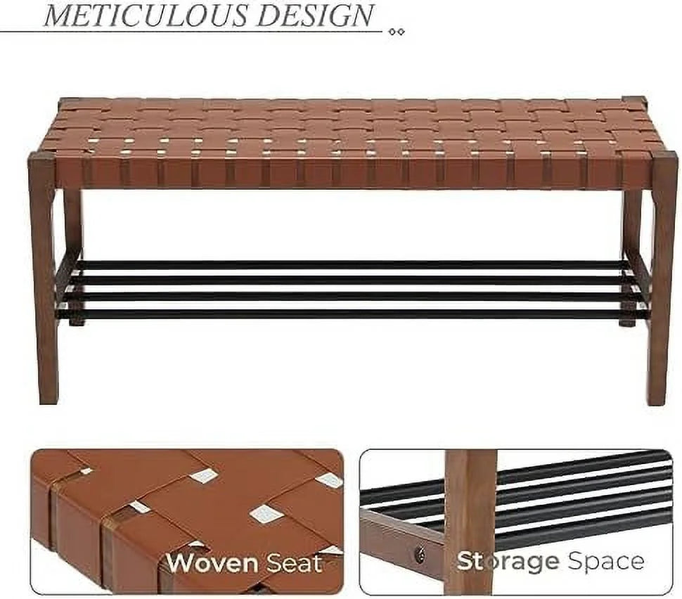 Rustic Wood 45 Inch Woven Accent Bench with Metal Shoe Rack D79896