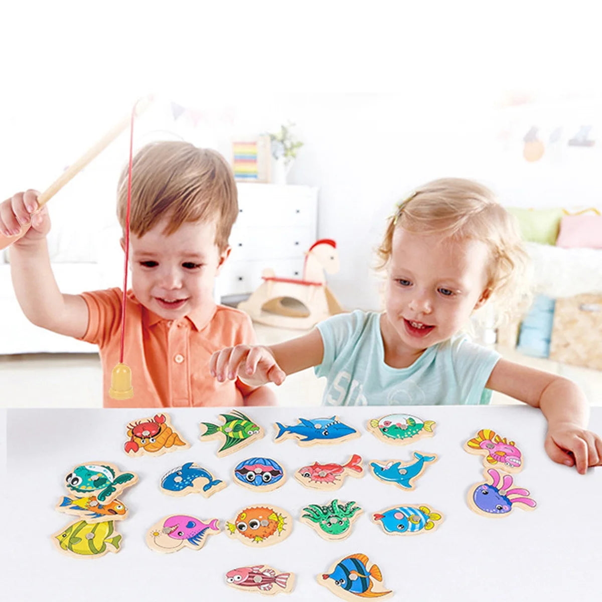Magnetic Fishing Game Toys Set with Wooden Fish Rod Q960