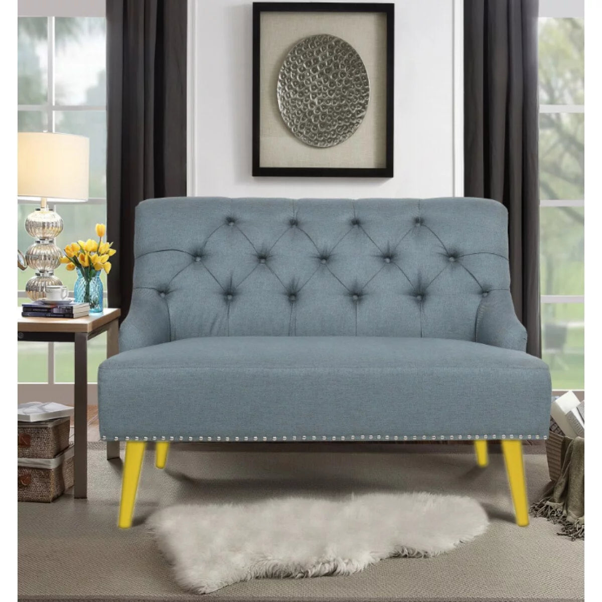 Light Blue Fabric Armless Loveseat W675416