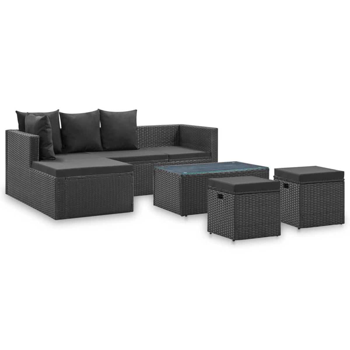 4 Piece Poly Rattan Black Outdoor Sectional Sofa Set with Cushions and Coffee Table S457430