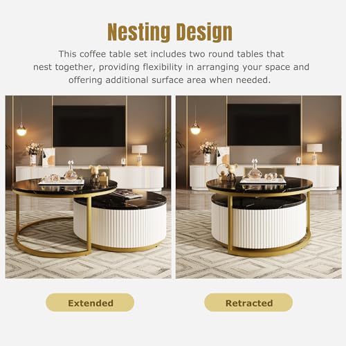 Round Nesting Coffee Table Set of 2 with Storage Drawer White I8333