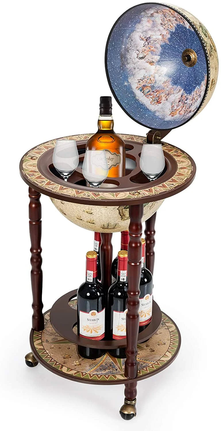 17.5” Creamy White Wood Globe Bar Cart with Wheels J7488