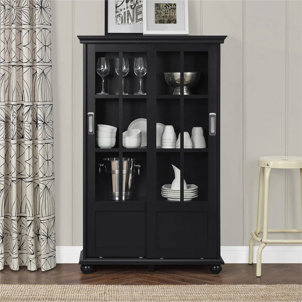 Black Bookcase with Sliding Glass Doors H1463