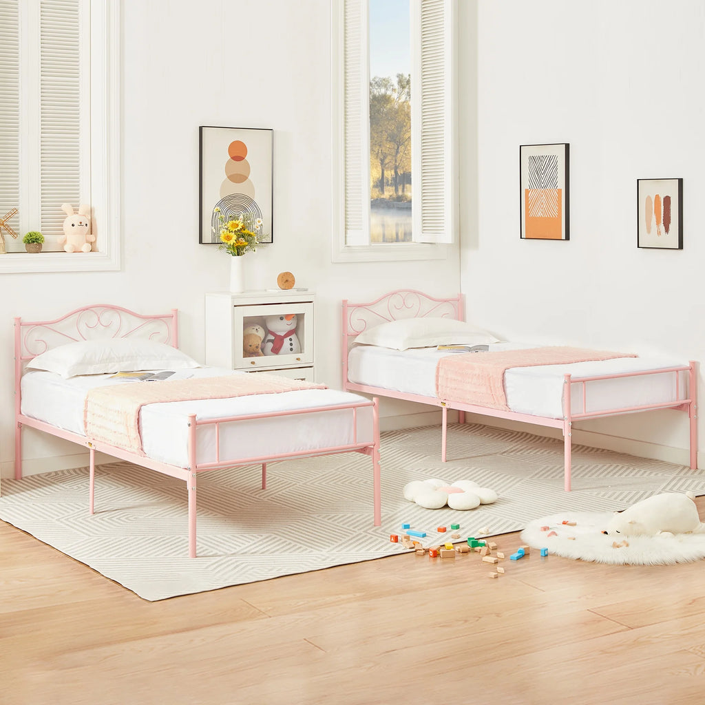 Set of 2 Twin Size White Metal Platform Bed Frame with Headboard G8872