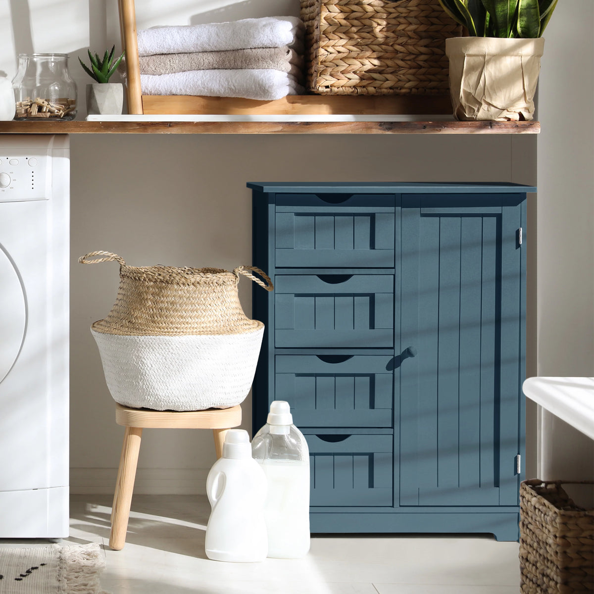 Blue Wooden Bathroom Floor Storage Cabinet with 4 Drawers and 1 Cupboard S940