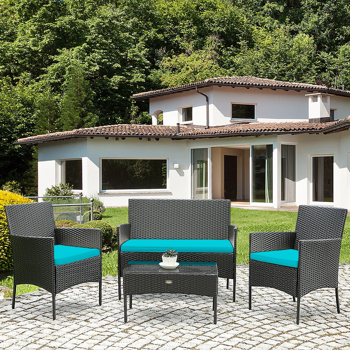 4 Pieces Patio Rattan Furniture Set Cushioned White B663