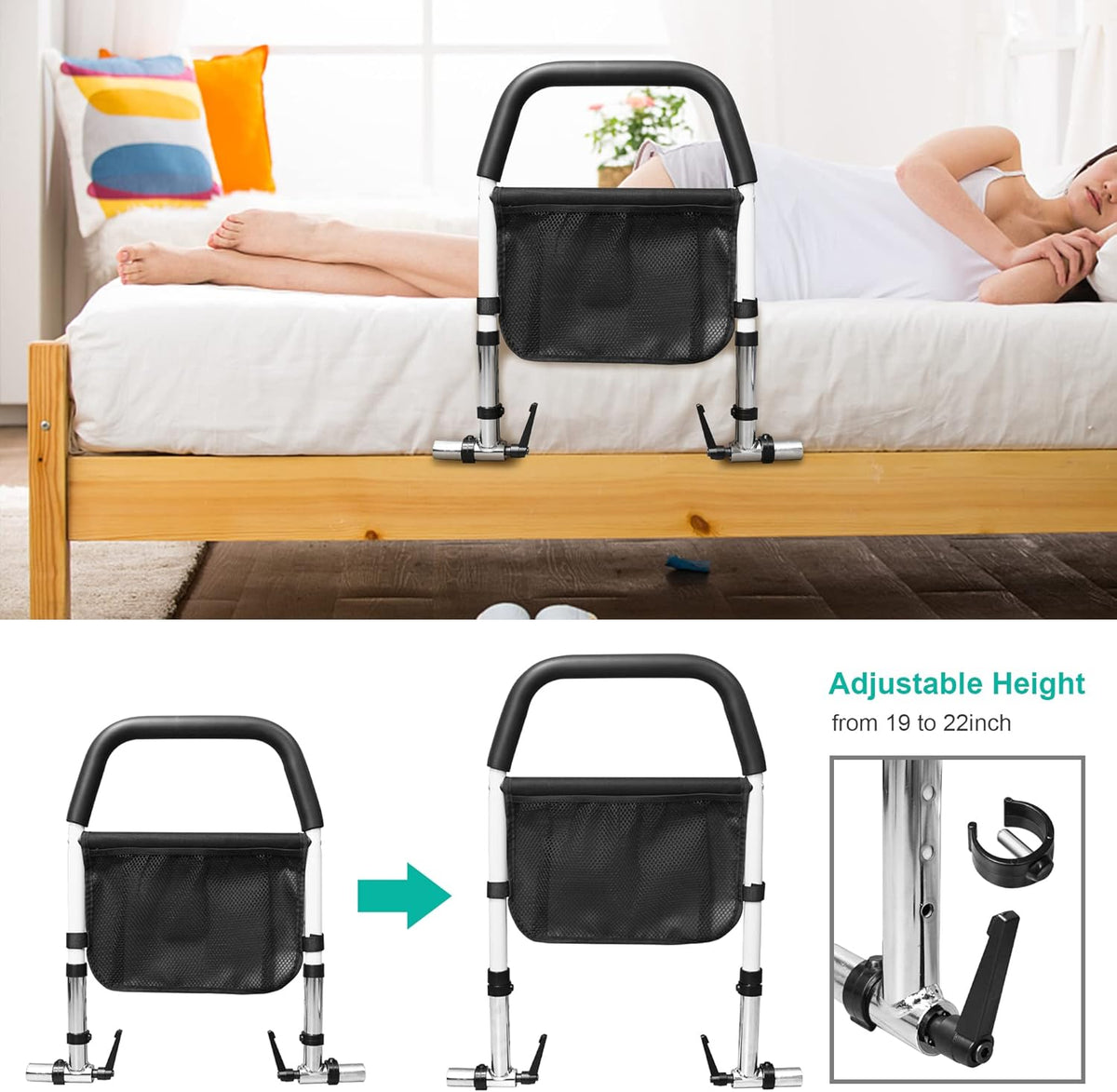 Bed Assist Rail with Fall Prevention Guard, Adjustable Height, Storage Pocket & Tablet Phone Holder, Pack of 2 Y6430