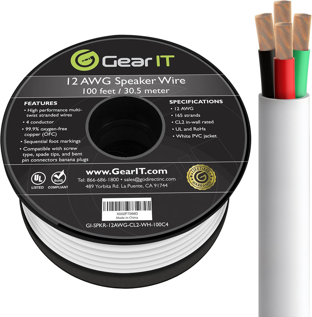 14/4 Speaker Wire 250 Feet 14AWG CL2 Rated 4 Conductors OFC Oxygen-Free Copper White X516767