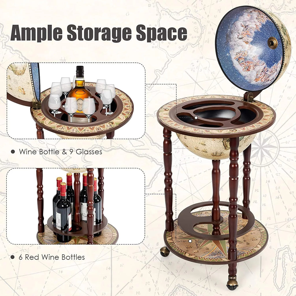 17.5” Creamy White Wood Globe Bar Cart with Wheels J7488