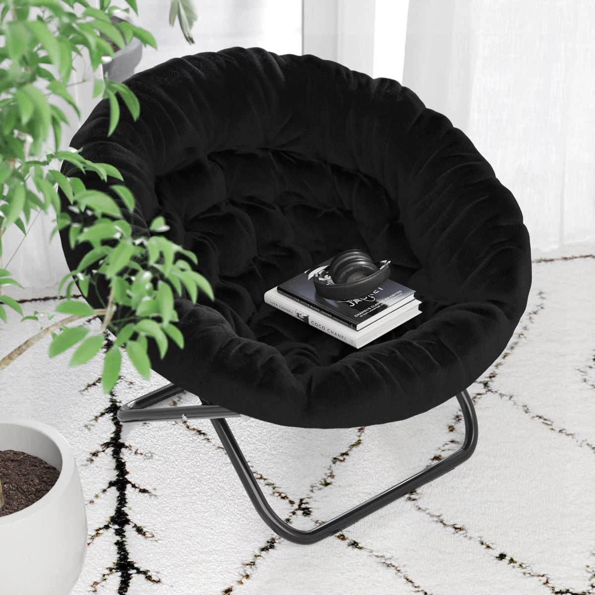 Oversize Black Faux Fur Folding Saucer Moon Chair H20366